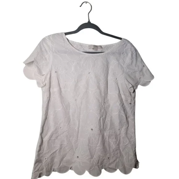 LOFT Whimsy Croquet Embroidered Floral Texture Scalloped Hemline Top - Picture 4 of 4